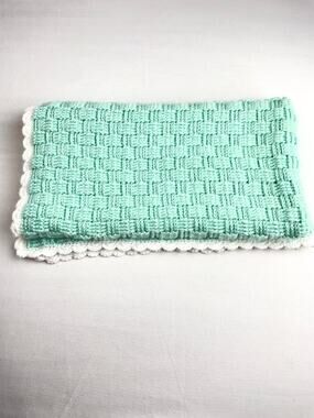 Handmade Mint Green Acrylic Crochet Baby Blanket Basketweave White Scallop 30x34